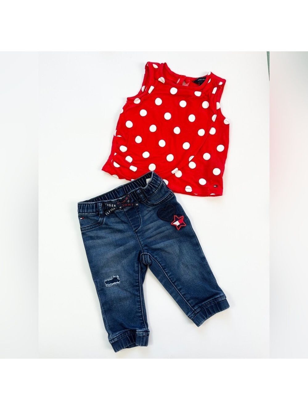 🩵4/$20 Tommy Hilfiger Red Polka Dot Top and Blue‎ Jeans Set